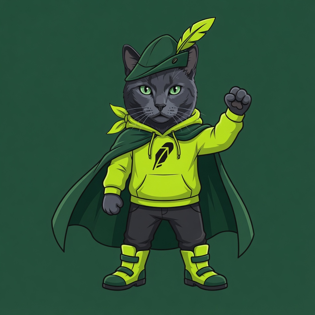 Fidel Catstro wearing a lime Robinhood hoodie, green cloak, and feathered cap, raising a fist